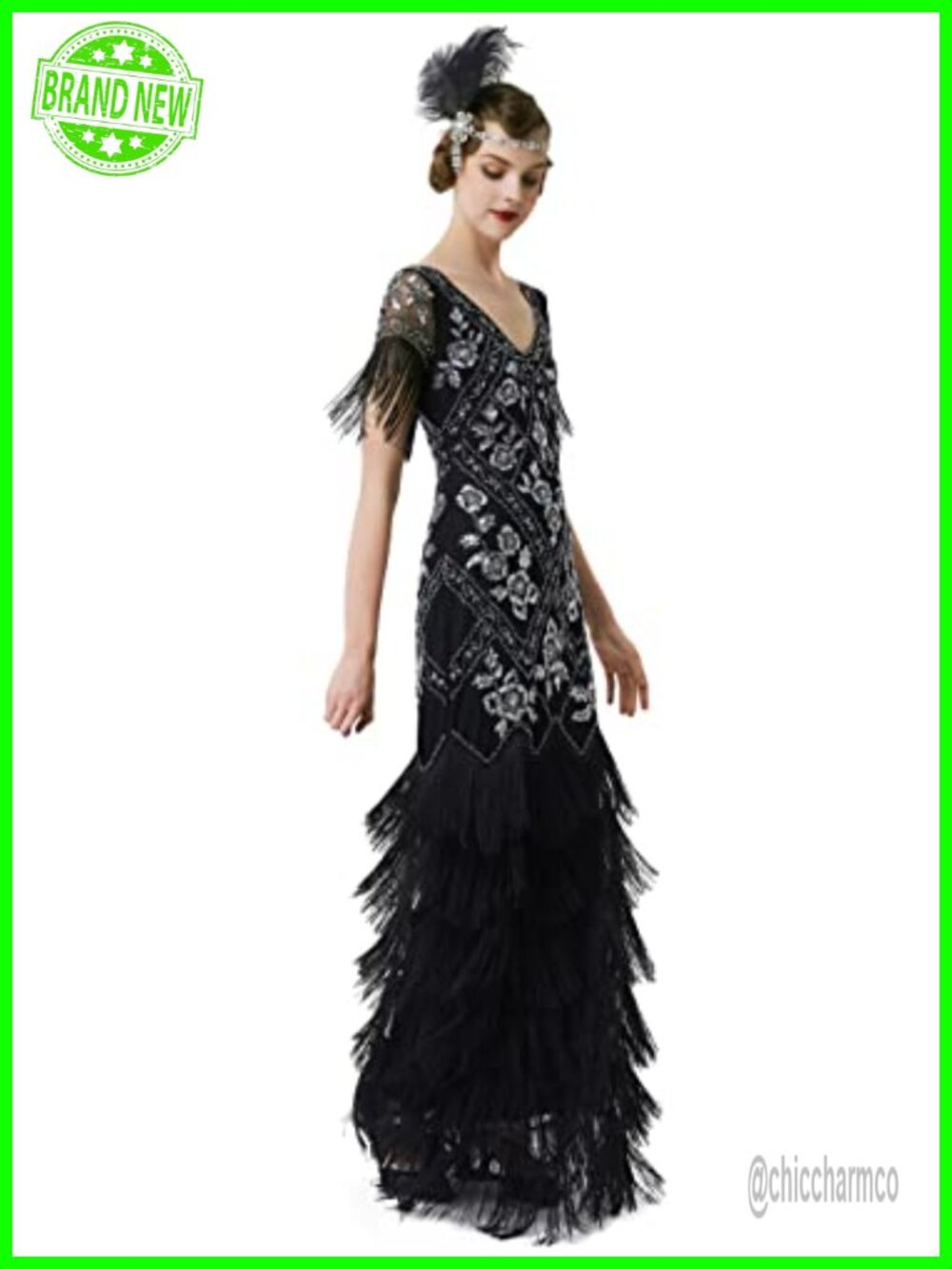 Beaded Sequin Flapper Maxi Dress Sleeveless V-Neck 1920s Gatsby Evening Gown